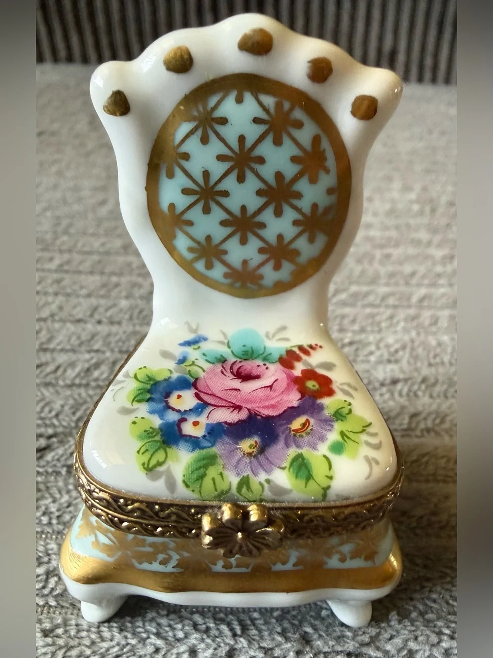 VTG Handpainted Jewelry Limoges France Chair Trinket Box Roses Floral Porcelain